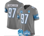 Men's Detroit Lions #97 Aidan Hutchinson Gray 2023 90th Anniversary North Division Champions Patch Limited Stitched Jersey