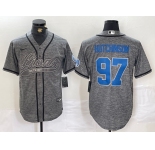 Men's Detroit Lions #97 Aidan Hutchinson Grey Gridiron With Patch Cool Base Stitched Baseball Jersey