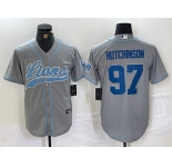 Men's Detroit Lions #97 Aidan Hutchinson Grey With Patch Cool Base Stitched Baseball Jersey