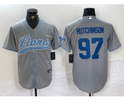 Men's Detroit Lions #97 Aidan Hutchinson Grey With Patch Cool Base Stitched Baseball Jersey