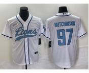 Men's Detroit Lions #97 Aidan Hutchinson White With Patch Cool Base Stitched Baseball Jersey
