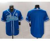 Men's Detroit Lions Blank Blue With 90th Patch Cool Base Stitched Baseball Jersey