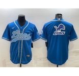 Men's Detroit Lions Blue Team Big Logo With Patch Cool Base Stitched Baseball Jersey