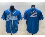 Men's Detroit Lions Blue Team Big Logo With Patch Cool Base Stitched Baseball Jersey
