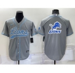Men's Detroit Lions Grey Team Big Logo With Patch Cool Base Stitched Baseball Jersey