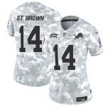 Women's Detroit Lions #14 Amon-Ra St. Brown 2024 F.U.S.E Arctic Camo Salute To Service Limited Stitched Jersey