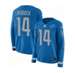 Women's Nike Detroit Lions #14 Jake Rudock Limited Blue Therma Long Sleeve NFL Jersey