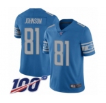 Youth Detroit Lions #81 Calvin Johnson Blue Team Color Vapor Untouchable Limited Player 100th Season Football Jersey
