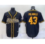 Men's Pittsburgh Steelers #43 Troy Polamalu Black Gold With Patch Cool Base Stitched Baseball Jersey
