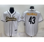 Men's Pittsburgh Steelers #43 Troy Polamalu White With Patch Cool Base Stitched Baseball Jersey