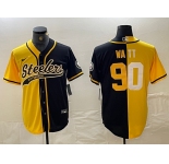 Men's Pittsburgh Steelers #90 TJ Watt Yellow Black Split With Patch Cool Base Stitched Baseball Jersey