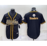 Men's Pittsburgh Steelers Black Team Big Logo With Patch Cool Base Stitched Baseball Jersey