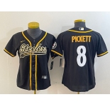Women's Pittsburgh Steelers #8 Kenny Pickett Black With Patch Cool Base Stitched Baseball Jersey