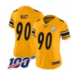 Women's Pittsburgh Steelers #90 T. J. Watt Limited Gold Inverted Legend 100th Season Football Jersey