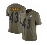 Youth Pittsburgh Steelers #43 Troy Polamalu Limited Olive 2017 Salute to Service Football Jersey