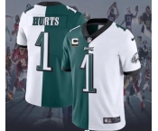 Men's Philadelphia Eagles #1 Jalen Hurts 2-star C Patch Green V White Peace Split Vapor Untouchable Limited Stitched NFL Jersey