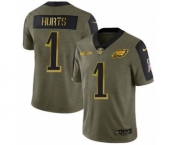 Men's Philadelphia Eagles #1 Jalen Hurts 2021 Olive Camo Salute To Service Golden Limited Stitched Football Jersey