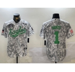 Men's Philadelphia Eagles #1 Jalen Hurts Arctic Camo 2024 Salute to Service Stitched Baseball Jersey