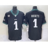 Men's Philadelphia Eagles #1 Jalen Hurts Black C Patch 2023 FUSE Vapor Untouchable Stitched Jersey