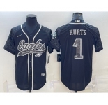 Men's Philadelphia Eagles #1 Jalen Hurts Black Reflective With Patch Cool Base Stitched Baseball Jersey