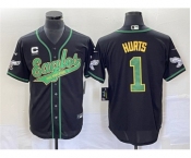 Men's Philadelphia Eagles #1 Jalen Hurts Black With C Patch Cool Base Stitched Baseball Jersey