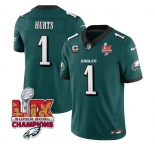 Men's Philadelphia Eagles #1 Jalen Hurts Green 2025 Eagles Logo Super Bowl LIX Patch With 4-Star C Patch New F.U.S.E. Vapor Untouchable Limited Football St
