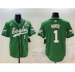 Men's Philadelphia Eagles #1 Jalen Hurts Green 2025 Super Bowl LIX And 3-Star C Patch Stitched Baseball Jersey