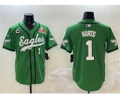 Men's Philadelphia Eagles #1 Jalen Hurts Green 2025 Super Bowl LIX And 3-Star C Patch Stitched Baseball Jersey