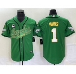 Men's Philadelphia Eagles #1 Jalen Hurts Green With C Patch Cool Base Stitched Baseball Jersey