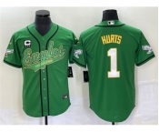 Men's Philadelphia Eagles #1 Jalen Hurts Green With C Patch Cool Base Stitched Baseball Jersey