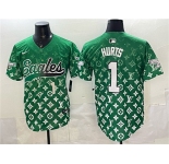 Men's Philadelphia Eagles #1 Jalen Hurts Green With Patch Limited Stitched Baseball Jersey