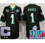 Men's Philadelphia Eagles #1 Jalen Hurts Limited Black C Patch Super Bowl LVII Vapor Jersey