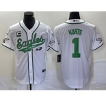 Men's Philadelphia Eagles #1 Jalen Hurts White C Patch Cool Base Stitched Baseball Jersey1