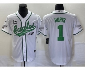 Men's Philadelphia Eagles #1 Jalen Hurts White C Patch Cool Base Stitched Baseball Jersey1