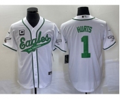 Men's Philadelphia Eagles #1 Jalen Hurts White C Patch Cool Base Stitched Baseball Jersey