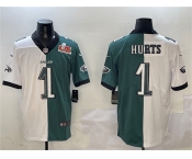 Men's Philadelphia Eagles #1 Jalen Hurts White & Green Split 2025 Super Bowl LIX Patch Vapor Untouchable Limited Football Stitched Jersey