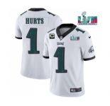 Men's Philadelphia Eagles #1 Jalen Hurts White Super Bowl LVII Patch And 2-star C Patch Vapor Untouchable Limited Stitched Jersey