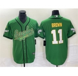 Men's Philadelphia Eagles #11 A. J. Brown Green Gold Cool Base Baseball Stitched Jersey