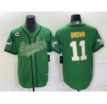 Men's Philadelphia Eagles #11 A. J. Brown Green Gold With C Patch Cool Base Baseball Stitched Jersey