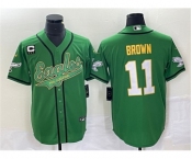Men's Philadelphia Eagles #11 A. J. Brown Green Gold With C Patch Cool Base Baseball Stitched Jersey