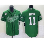Men's Philadelphia Eagles #11 A. J. Brown Green With C Patch Cool Base Baseball Stitched Jersey
