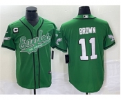 Men's Philadelphia Eagles #11 A. J. Brown Green With C Patch Cool Base Baseball Stitched Jersey