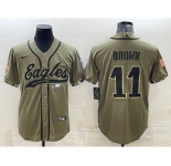 Men's Philadelphia Eagles #11 A. J. Brown Olive 2022 Salute To Service Cool Base Stitched Baseball Jersey