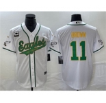 Men's Philadelphia Eagles #11 A. J. Brown White Gold With C Patch Cool Base Baseball Stitched Jersey