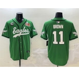 Men's Philadelphia Eagles #11 A.J. Brown Green 2025 Super Bowl LIX And 3-Star C Patch Stitched Baseball Jersey