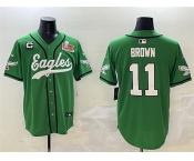 Men's Philadelphia Eagles #11 A.J. Brown Green 2025 Super Bowl LIX And 3-Star C Patch Stitched Baseball Jersey