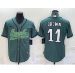 Men's Philadelphia Eagles #11 AJ Brown Green With Patch Cool Base Stitched Baseball Jersey