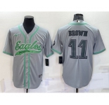 Men's Philadelphia Eagles #11 AJ Brown Grey With Patch Cool Base Stitched Baseball Jersey