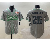 Men's Philadelphia Eagles #26 Saquon Barkley Gray 2025 Super Bowl LIX Patch Cool Base Stitched Baseball Jersey