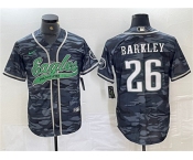 Men's Philadelphia Eagles #26 Saquon Barkley Gray Camo Cool Base Baseball Stitched Jersey